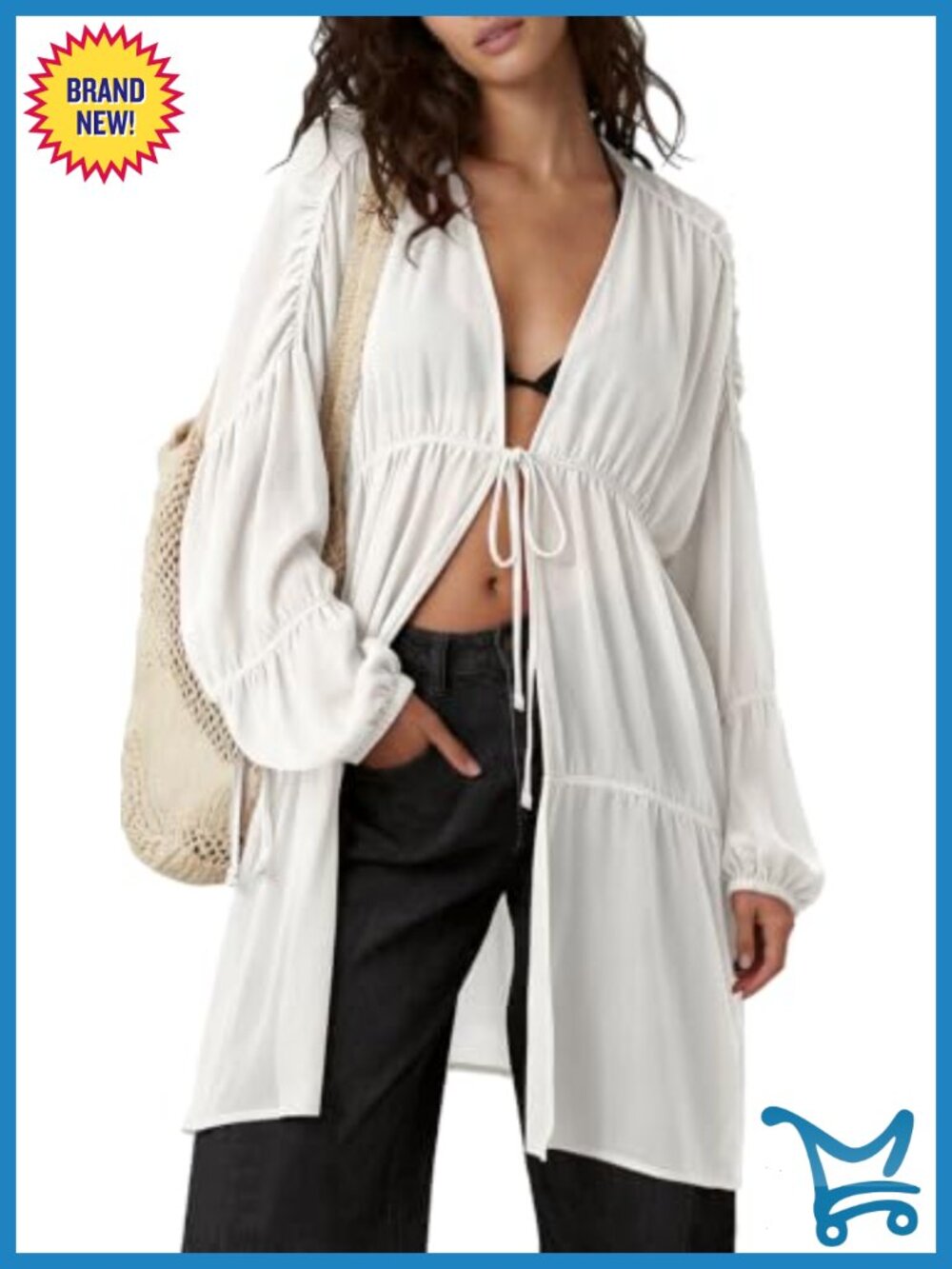 Linen Kimono Duster Tie Front Coverup with Pockets